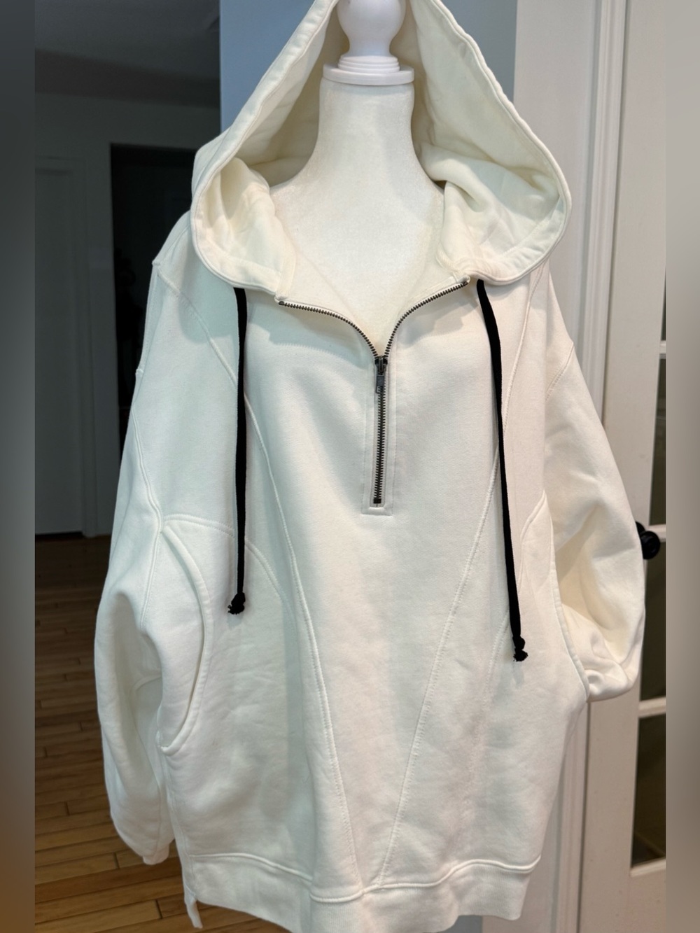 Free People white  Half-Zip Hoodie with Black Drawcords